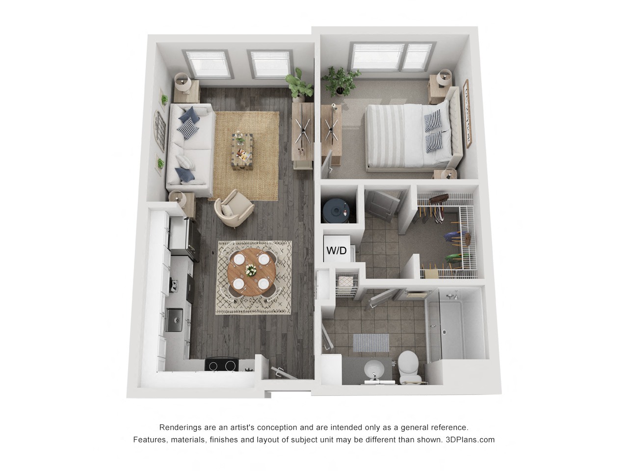a 1 bedroom floor plan with a bathroom and a living room